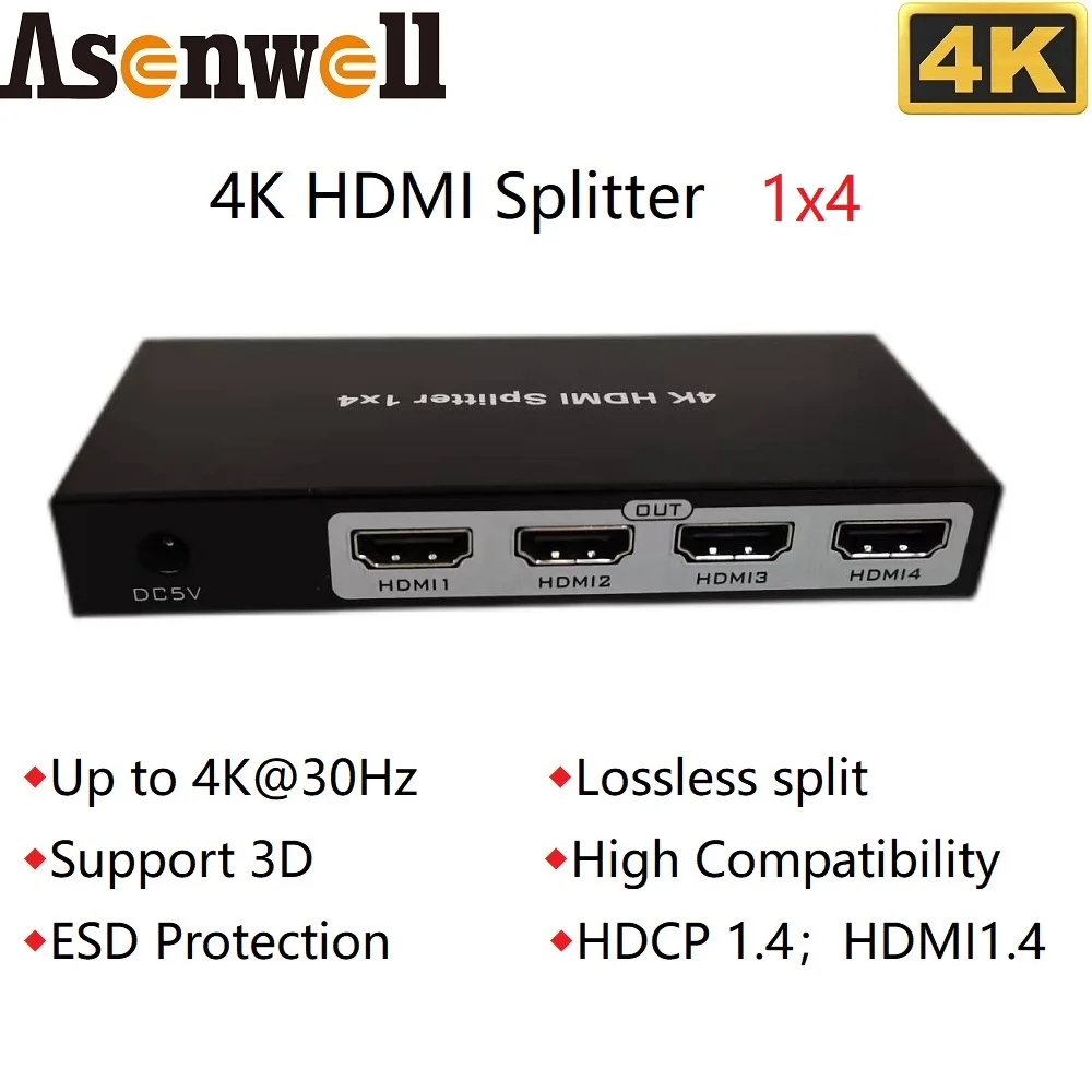 

4K HDMI Splitter 1x4 1080P 3D HDMI Selector Switcher 1 In 4 Out HDCP.14 ESD Protection Audio Video Split for Camera CCTV PS4