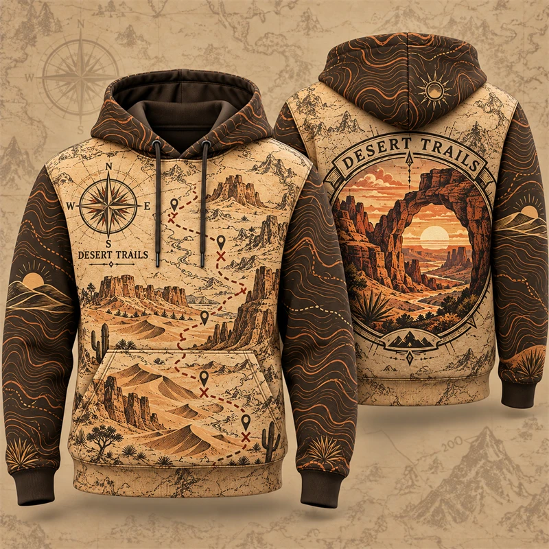 3D Print Vintage Wilderness Map Hoodie Men Retro Sweatshirt Outdoor Hiking Adventure Winter Casual Loose Unisex Daily Hoodies