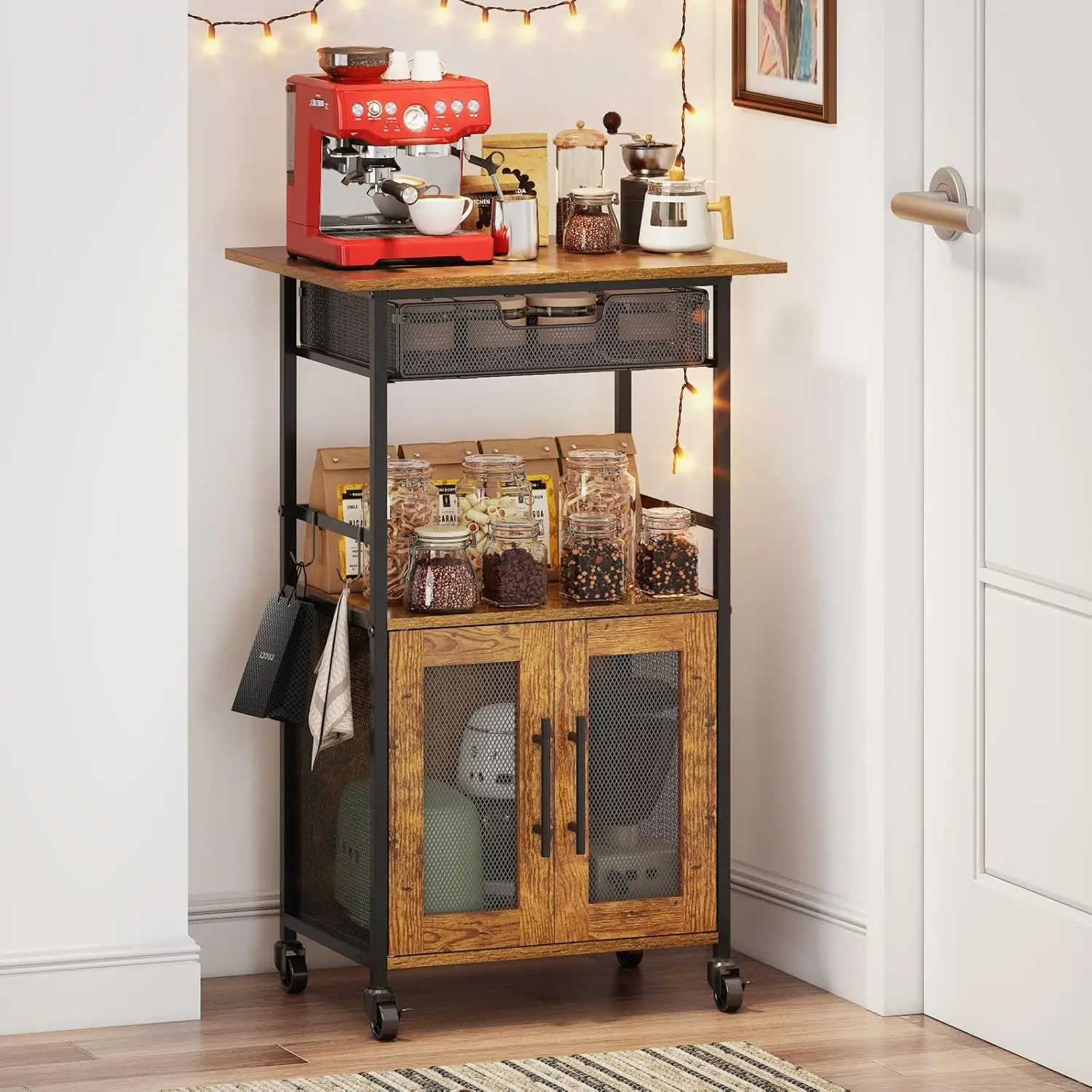 

3-Tier Rolling Coffee Cart with Cabinet, Drawer & Lockable Casters - Rustic Brown Kitchen Storage Cart