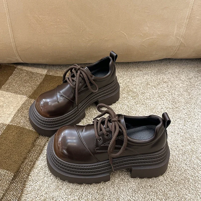 Frühling Neue Starke Ferse Einzelnen Schuhe frauen Mode Runden Kopf Tiefem Mund Vorne Schnürung Dicke Sohlen Nicht-slip müßiggänger
