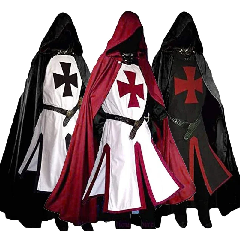 Men's Medieval Cross Tunic Gentlemen Templar Costumes Halloween Renaissance Coat Warrior Black Plume Cloak Cosplay Top