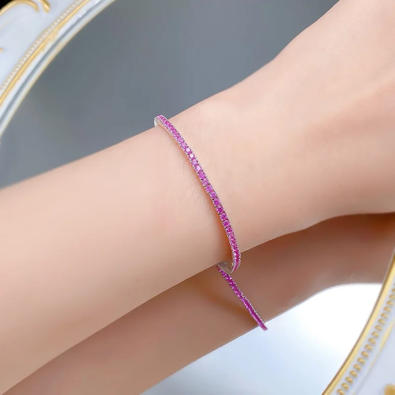 

Hot-selling 925 Silver Emerald/Sapphire/Pink Tourmaline Women Tennis Bracelets 14K White Gold Full Diamond Buckle Bangle Jewelry