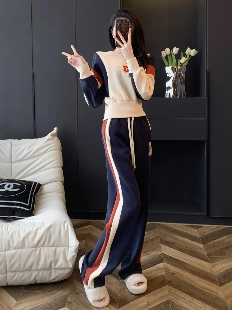 

Модный повседневный комплект спортивной одежды, женский весенне-осенний комплект 2024, новый свитшот Sle Ele Fce, широкие брюки, комплект из двух предметов