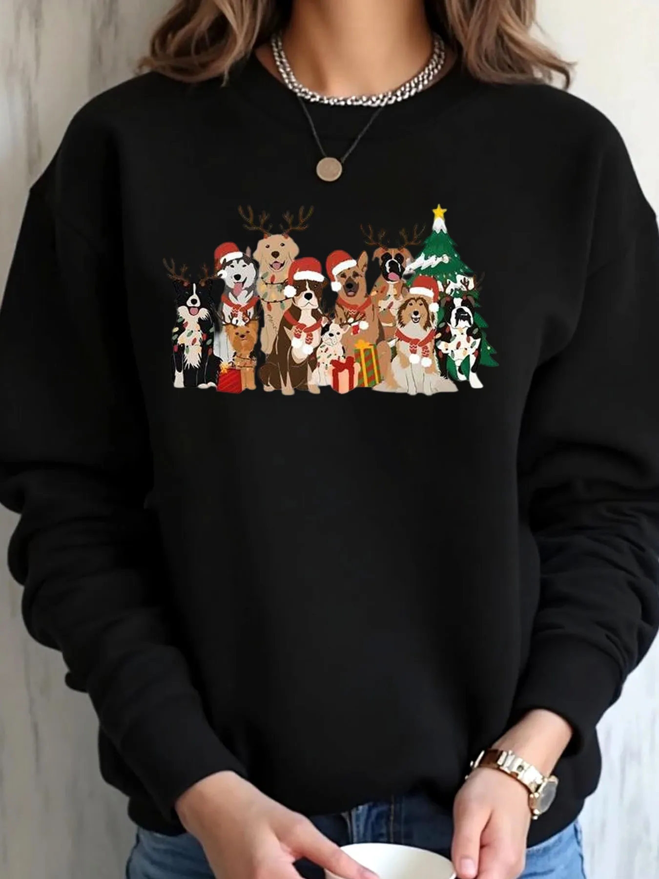 

Женская толстовка большого размера с рождественскими собаками и принтом оленей, уличная одежда