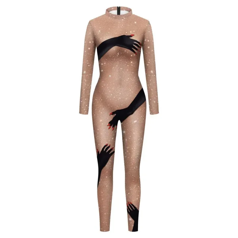 Fccexio black hands touch shinny body print sexy women jumpsuit Carnival cosplay female bodysuit long sleeve Monos Mujer S-XL