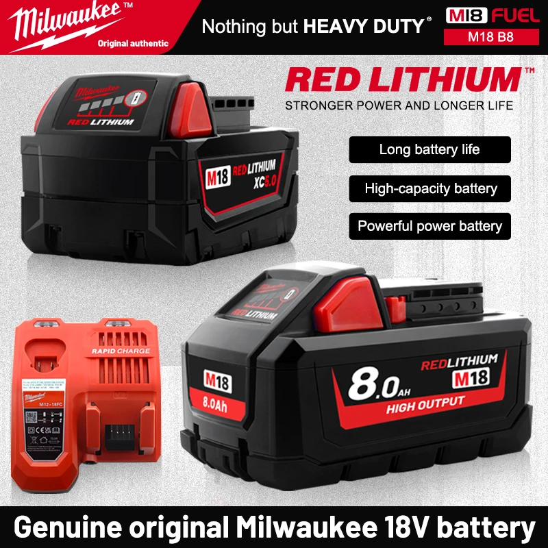 Original Milwaukee M18 battery  Or Charger M18HB8 48-11-1815 2604-22 2604-20 High power power Tool backup 18V battery M18HB3