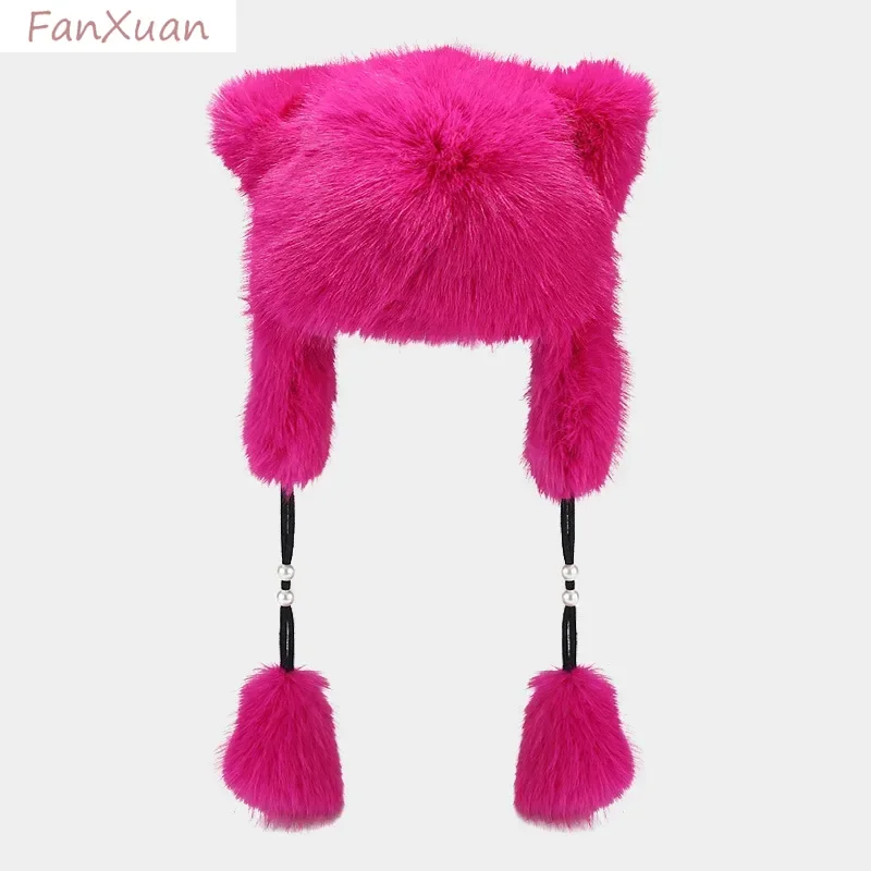 Cute Faux Fur Hats with Earflaps Winter Bomber Hats for Women Plush Fluffy Winter Cap Bear Ears Pompom String Y2K Beanies Female