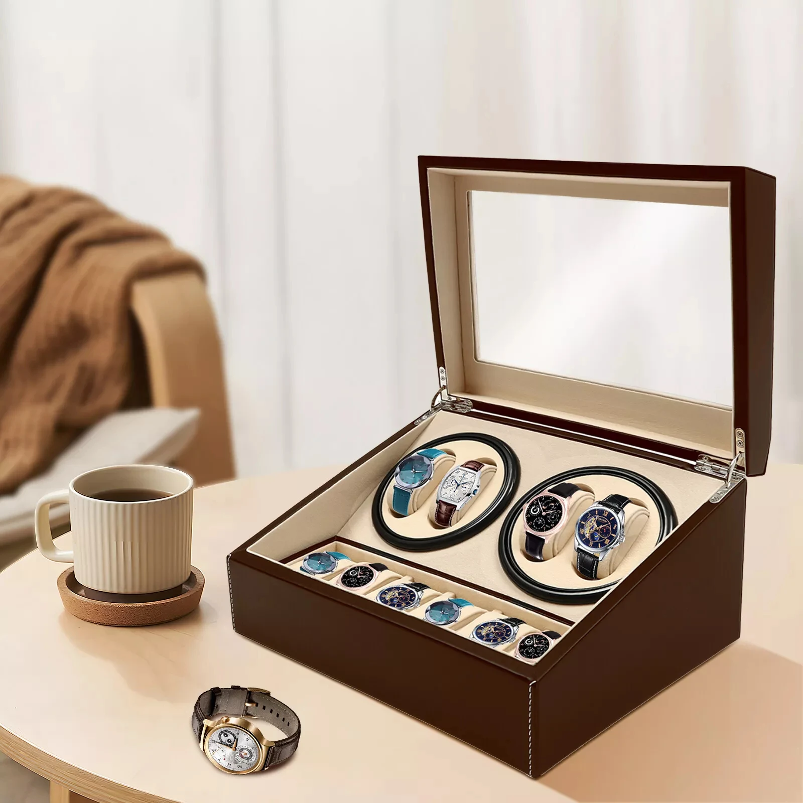 

Automatic 4+6 Rotation Watch Winder Storage Box, Leather Wood Display Case