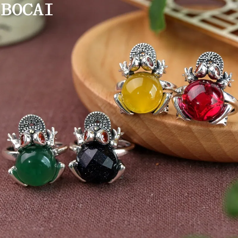 BOCAI New S925 Silver Jewelry Vintage Fashion Inlaid With Chalcedony Red Corundum Blue Sandstone Gold Toad Bite Money Ring