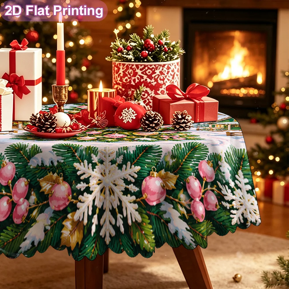 2D flat single tablecloth, retro style round table cover, Christmas Village snow tree pattern