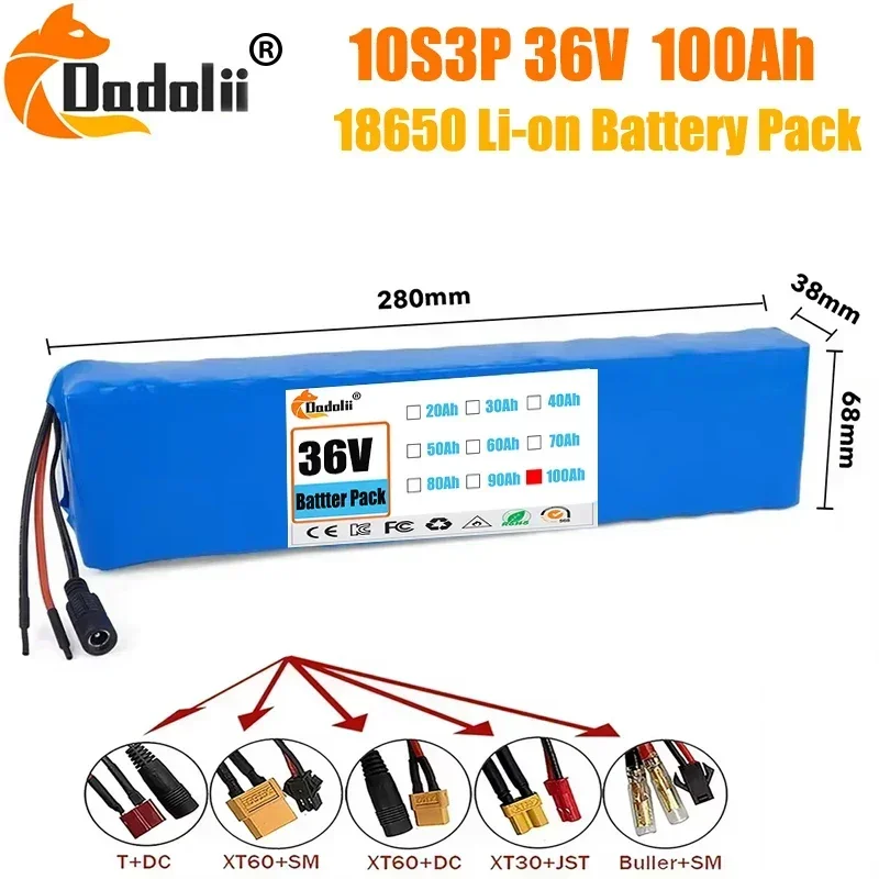 10S3P Electric Scooter Battery 36V 100Ah 18650 Lithium-ion Battery 350W 500W,+42V Charger