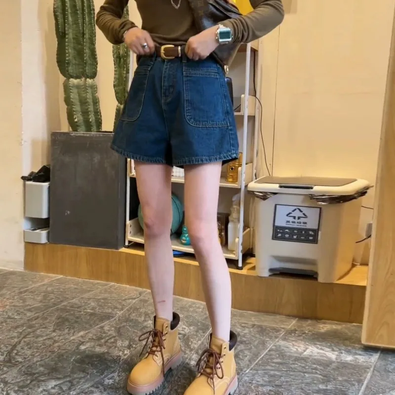 

Retro High Waist Denim Shorts Women Summer Thin Straight Loose Wide Leg Pants Slim a Line Blue Pocket Hot Pants Cotton Stretch