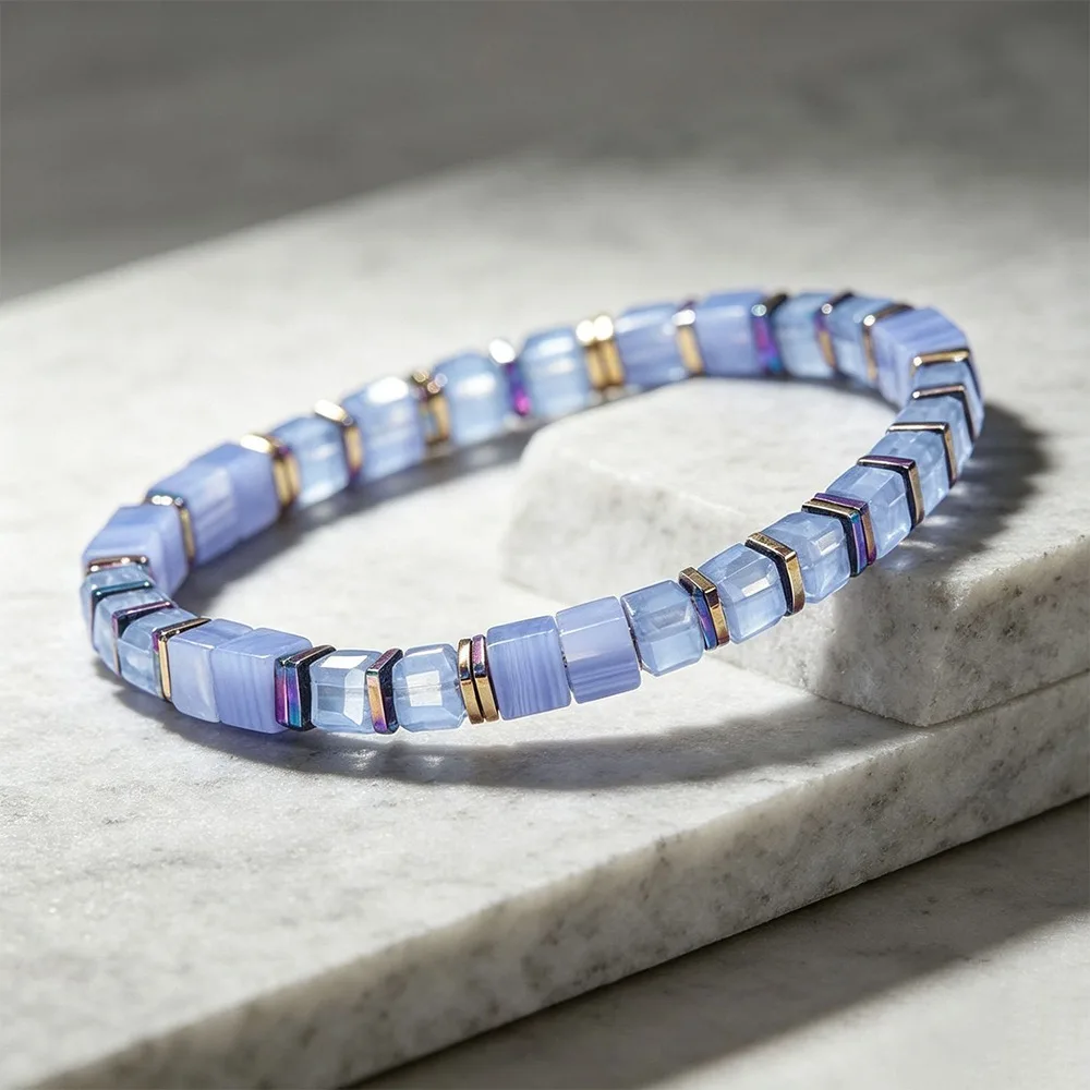 Natural Veined Simple Crystal Stone Bracelet Adjustable Rope Square Cut Square Stone Bangle Polished Block Shape Stackable