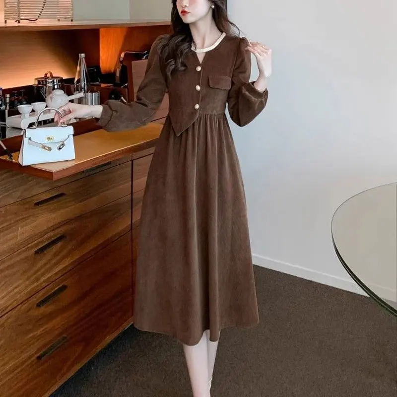 French Style Vintage Round Neck Dresses Female Clothing Fashion Asymmetrical Spring Autumn Elegant A-Line Long Sleeve Midi Dress