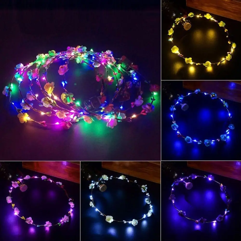 Romantic Glowing Wreath LED Flower Garland Headband Girls Women Bride Beach Travel Hairband Headwear