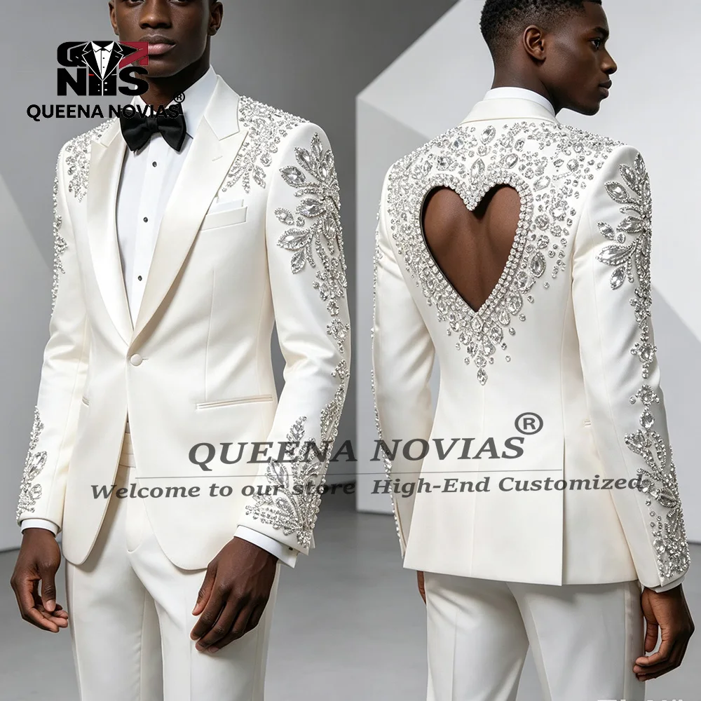 Exclusive Business Suits Men Formal Wear Jewelry Stones Prom Blazers Customized Cut-Out Design Groom Wedding Tuxedos Slim Fit