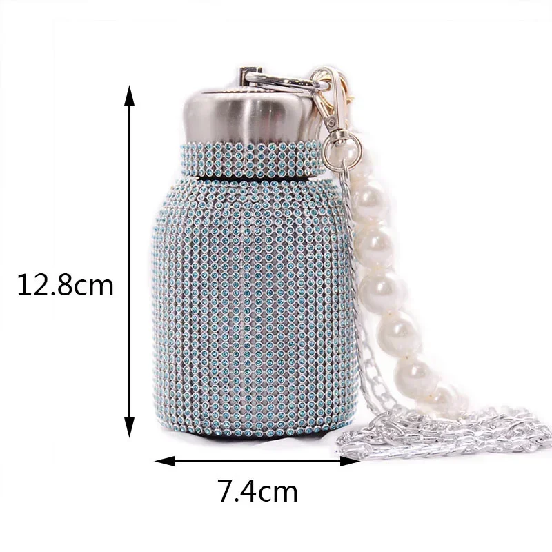 300ml Luxury Rhinestone Stainless Steel Insulating Cup Sparkling Portable Pearl Chain Water Bottle Portable Travel Vacuum Flasks