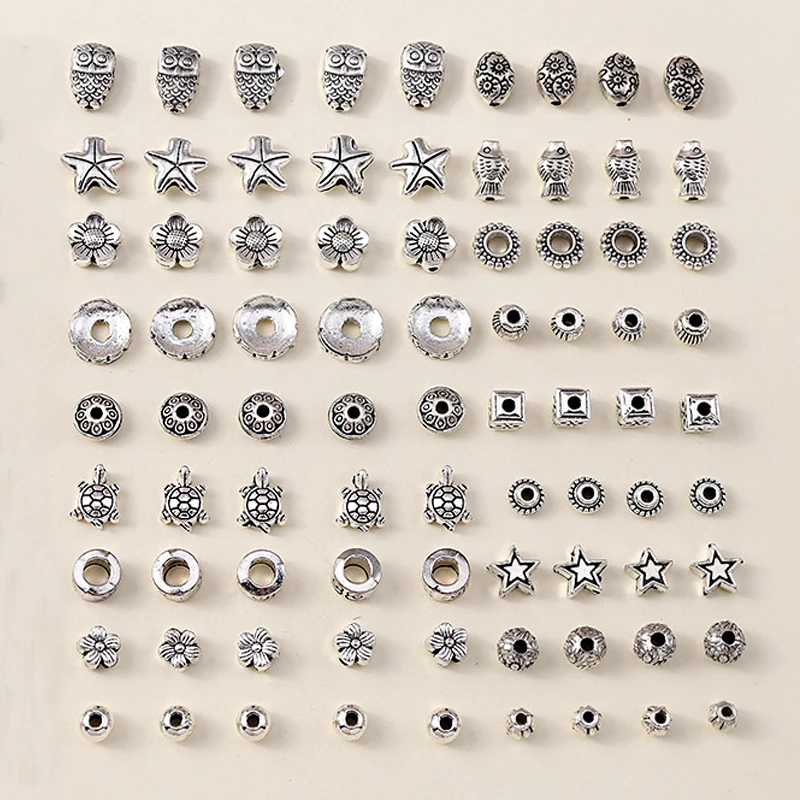 Leslie 50pcs Tibetan Antique Silver Color Metal Beads Animal Flower Round Spacer Beads for Jewelry Making DIY Bracelet Necklace