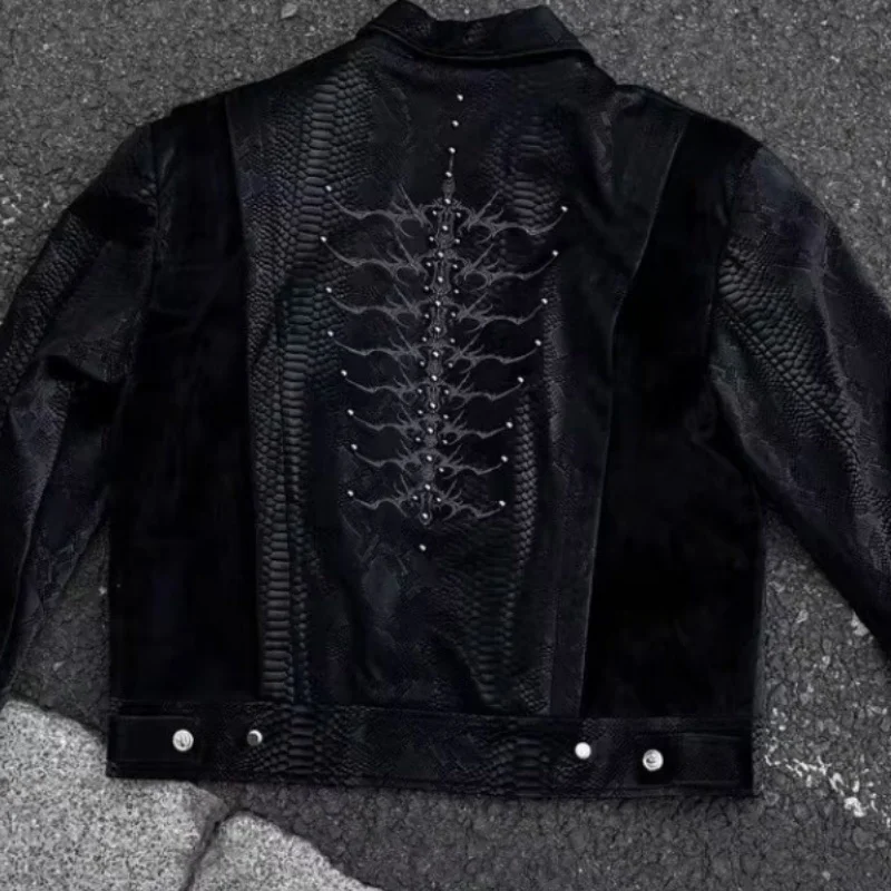 Men Black Snake Embossed Jacket Back Spine Embroidery Rivet Decor Coat Darkwear Gothic Streetwear Oversized Moto Outerwear view 5