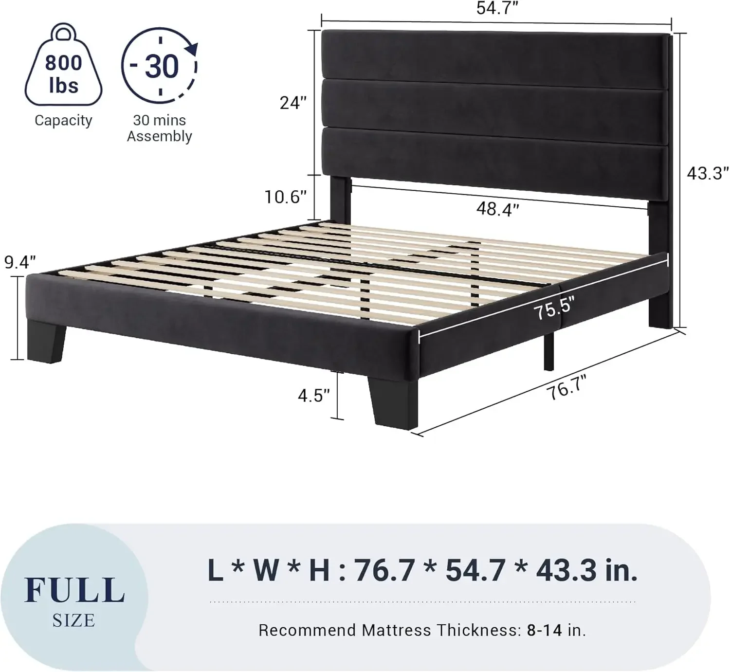 Full Size Platform Bed Frame with Velvet Upholstered Headboard and Wooden Slats Support, Fully Upholstered Mattress Foundation/N