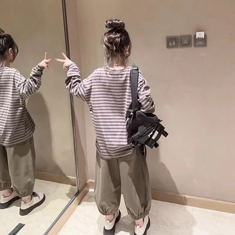 2025 أطفال فتاة الموضة القديمة الكورية تي شيرت كم طويل تي شيرت 6 7 من 8 11 4 مخطط تي شيرت الملابس للفتيات 10 إلى 12 سنة