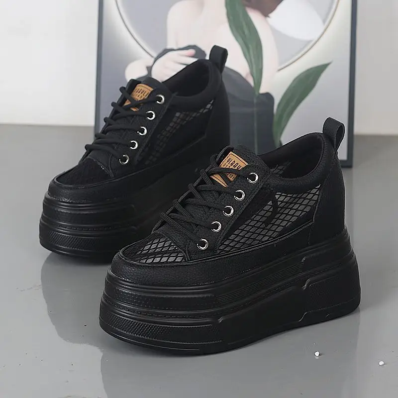 

2026 Fashion Women's Breathable Mesh Summer New Style Clear High Heels 12cm Platform Wedge Heel Black White Sneakers