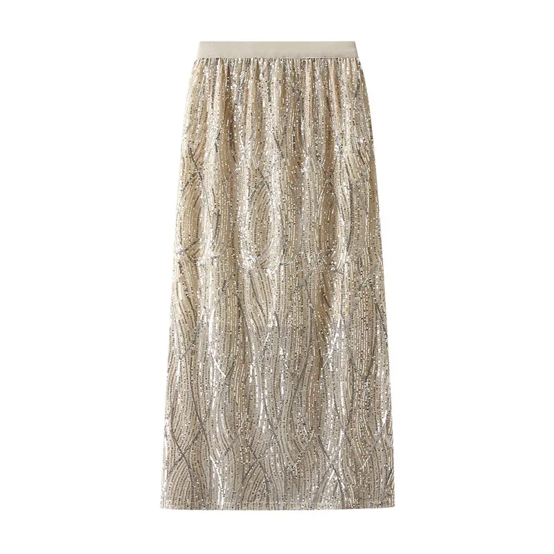 Spring Bling Bling Sequined Split Long Straight Skirts Golden Silver Black Metallic Shine Long Tube Skirt