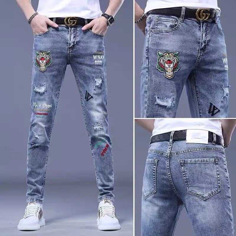 spring autumn jeans for men original Slim hip hop harajuku fashion designer stylish hip hop denim Male Cargo Embroidery trousers