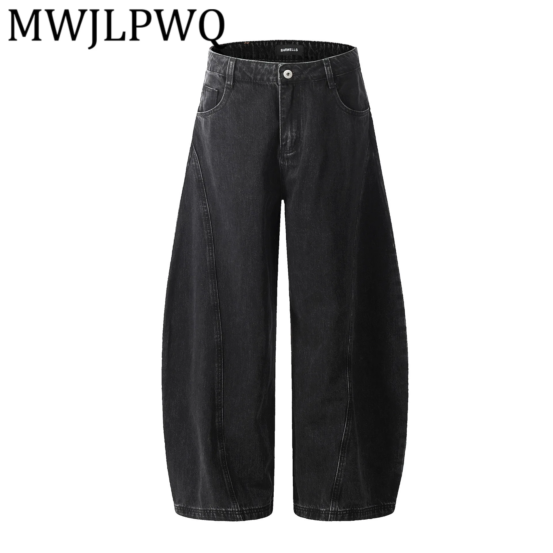 

MWJLPWQ 2025 Spring Autumn Wide Leg Jeans Men's American Style Unique Split Design Street Washed Casual Machete Denim Pant 21434