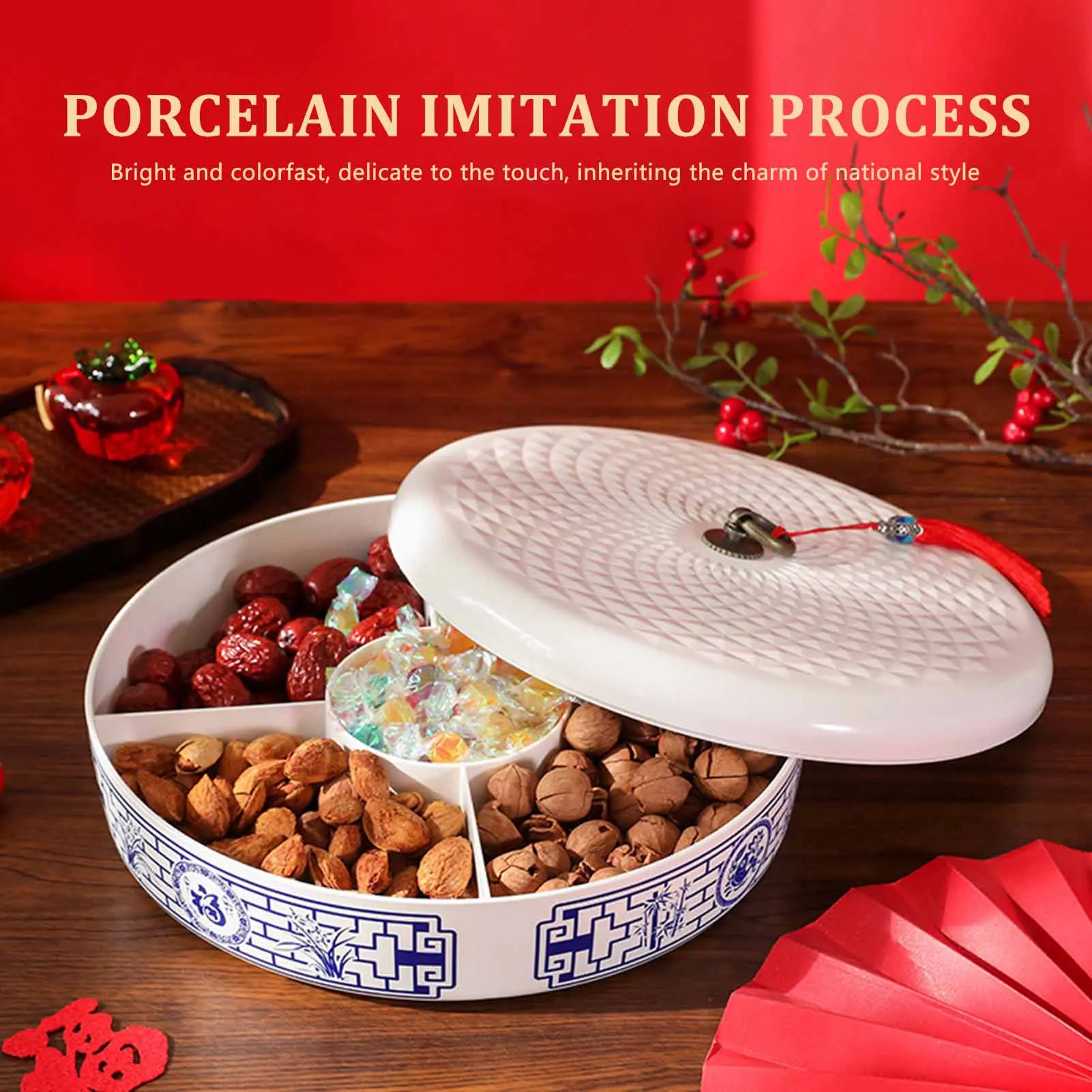 2025 Chinese New Year Snack Tray Vintage Red Storage Box For Dried Fruit Candy Dessert Large Capacity Divided Biscuit Tray