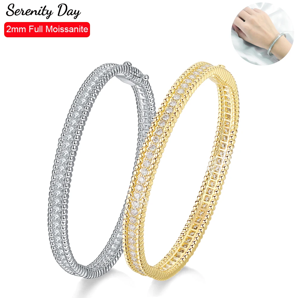 Serenty 2mm D Color Moissanite Bangle For Women 925 Sterling Silver Sparkling Hand Circles Joker Fold Wear Bracelet Fine Jewelry