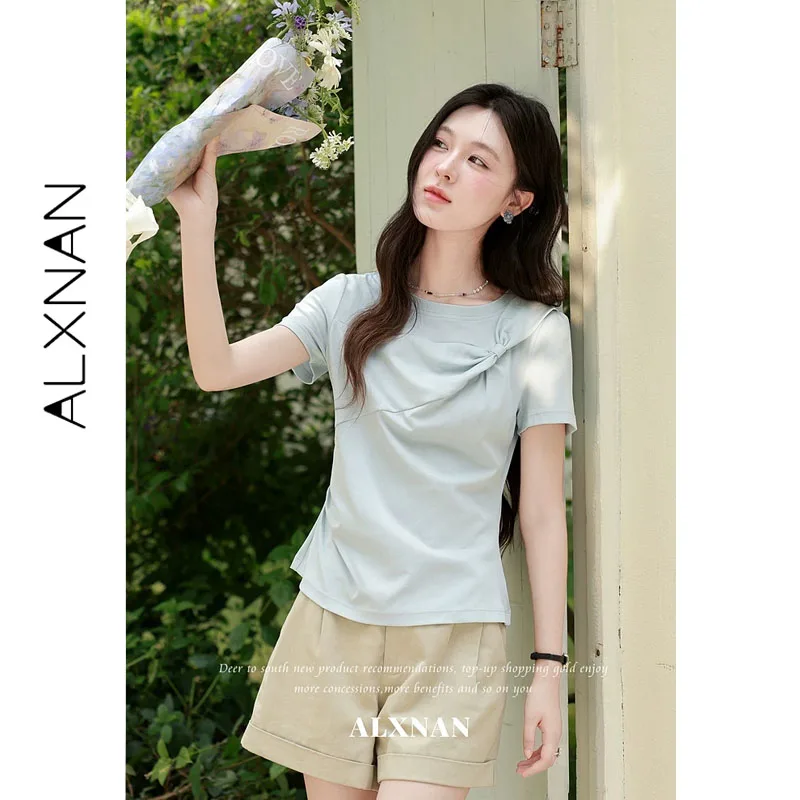 ALXNAN Blue T-shirt Women Summer Crew Neck Short Sleeve T-shirts with Twisted Ruched Detail Casual Elegant Female Tops L65701