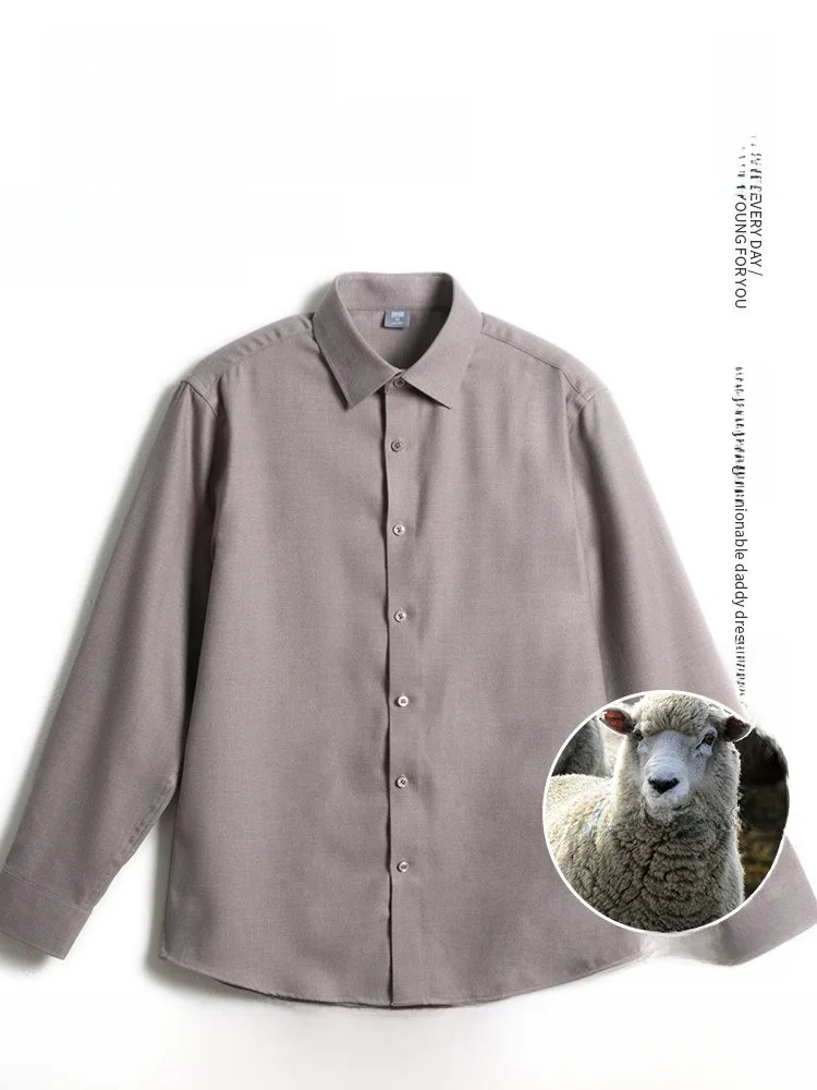 

Мужская рубашка из смесовой шерсти, немнущаяся, свободного кроя, осенне-весенняя, модная, повседневная, из полиэстера и вискозы, с длинным рукавом, на пуговицах