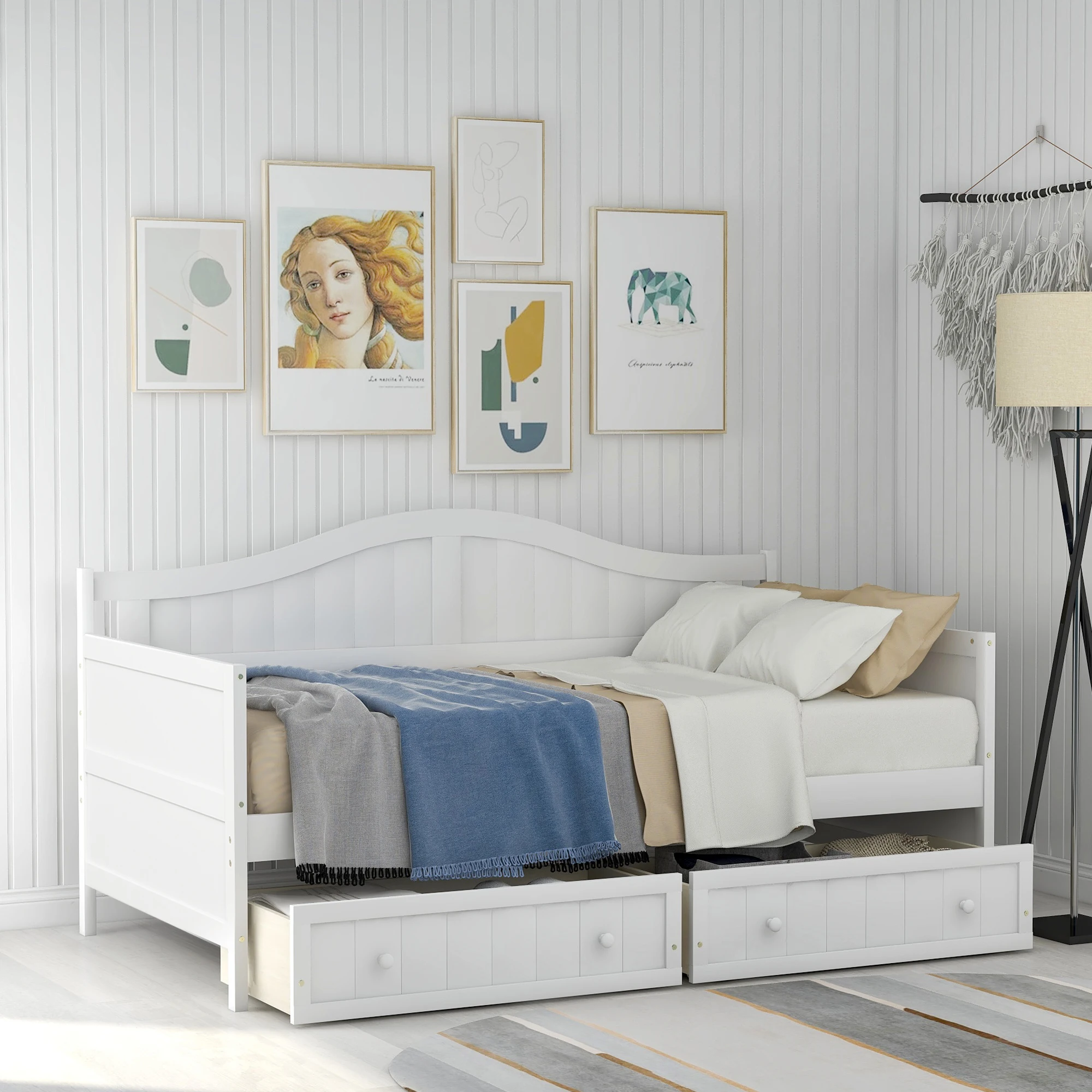 

White Twin Wooden Daybed with Two Drawers - Sofa Bed for Bedroom Living Room, No Box Spring Needed 78.20x42.30x35.40 in.