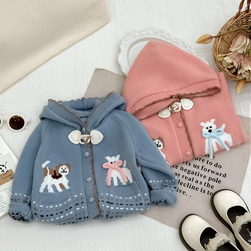 

Girls' Suit2024Autumn New Cute Puppy Blue Sweater Cardigan Knitted Coat Baby Leggings Tide