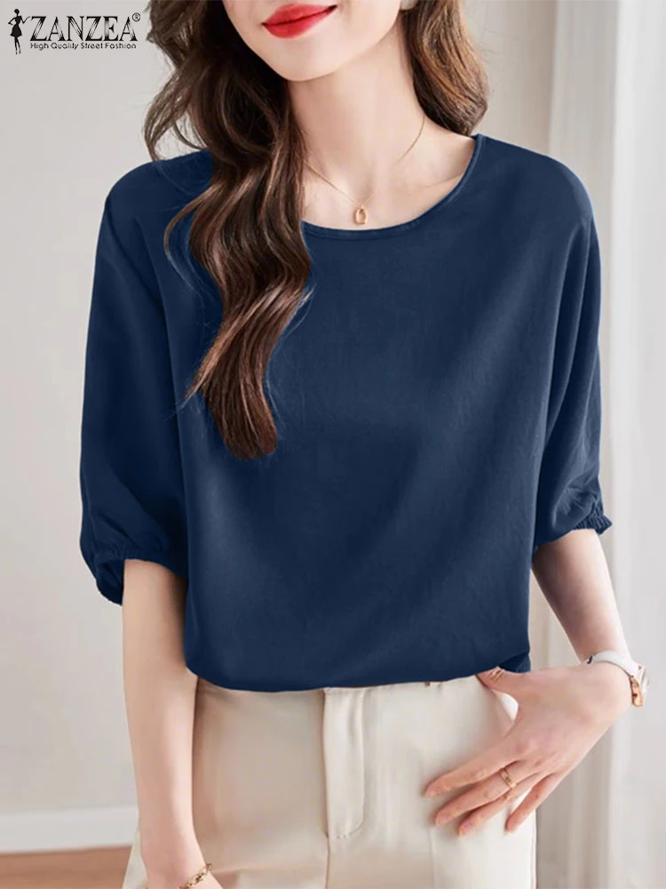 

ZANZEA Fashion Women Blouse 2025 Summer Half Puff Sleeve Solid Color Tunic Tops O-Neck Casual Shirts Loose OL Blusas Femininas