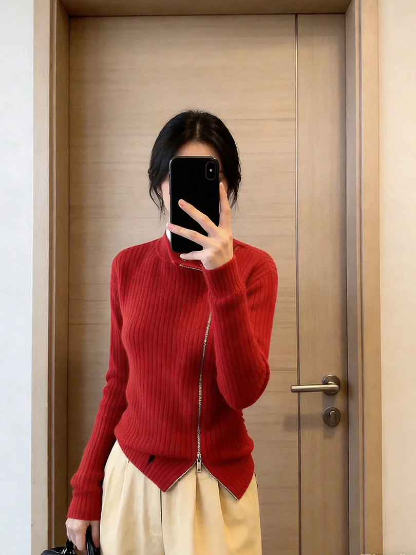 

Корейский красный вязаный кардиган Sli: модный зимний топ для ношения под одеждой, высококачественный, роскошный, для повседневной носки, приталенный крой.