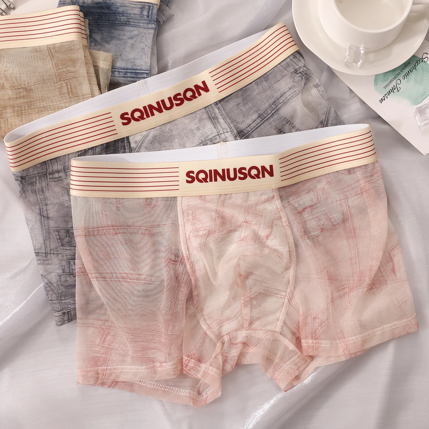 ملابس داخلية للرجال على شكل الدنيم - بوكسر من الحرير الجليدي متجدد الهواء 84% بوليستر 16% سباندكس، رائع ومسامي للصيف