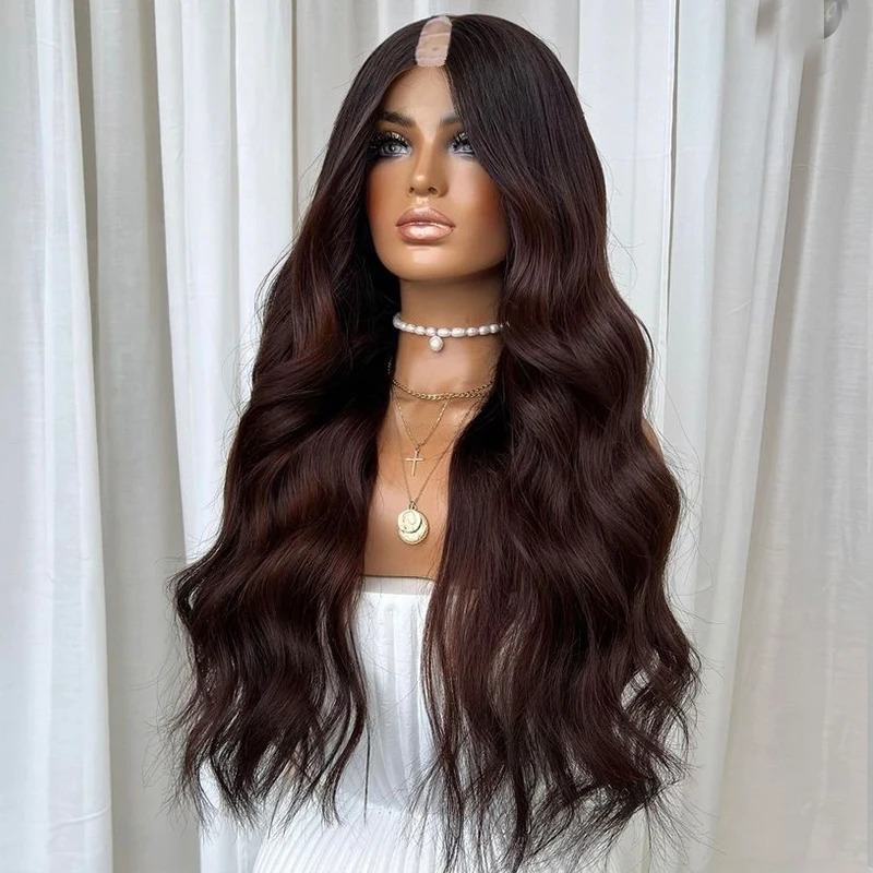 Dark Brown Long Wavy Full Machine Made U Part Human Hair Wigs Natural Look Glueless Easy Wear 1x4 Middle V Part Wigs 6Clips Remy