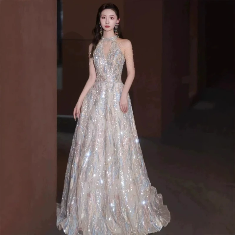 

Роскошное платье для выпускного вечера с лямкой на шее 2024, корейское тюлевое платье трапециевидной формы с вышивкой без рукавов, банкетные вечерние платья с бисером и открытой спиной, платья de noche