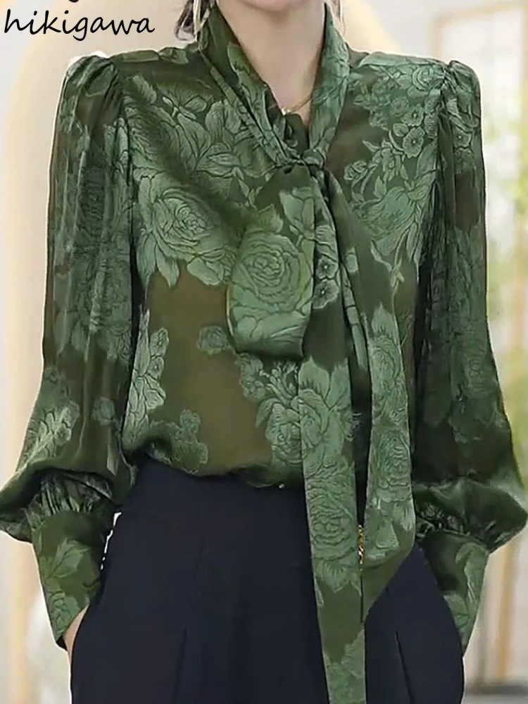 

Vintage Blouse Women Bandage Bow Long Sleeve Floral Shirts 2025 Camisas De Mujer Loose Korean Fashion Summer Blouses Tops 7o500