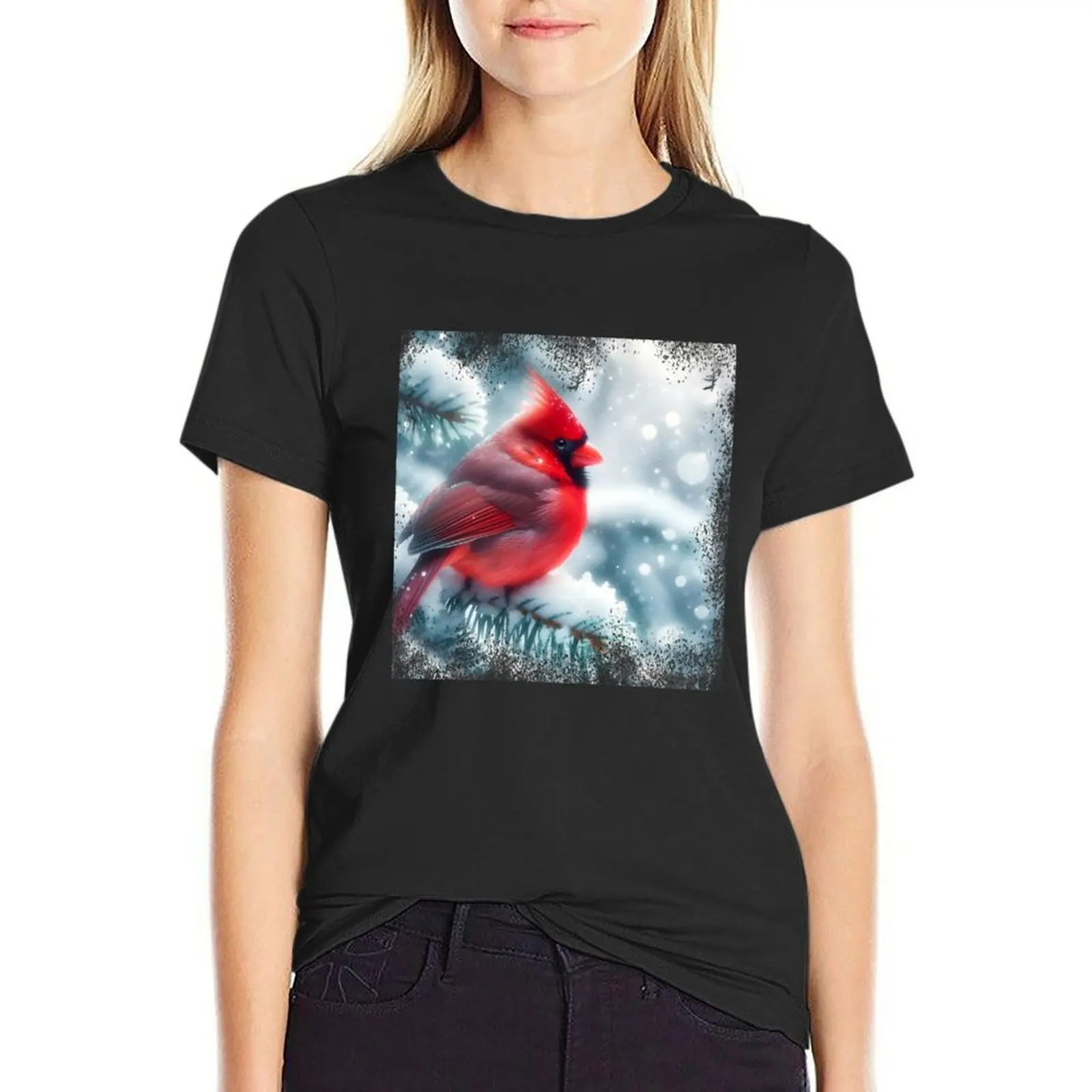 

Northern Cardinal Christmas T-Shirt Female clothing lady clothes customizeds funnys Women's cotton t-shirt
