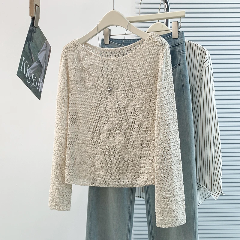 Summer New Hollow out Hook Flower Long Sleeve Air Conditioning Shirt Sun Protection Cover up T-Shirt Mountain Buckle Versatile