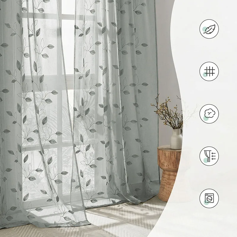 2Pcs Leaf Embroidery Voile Curtain Transparent Sheer Curtain for Bedroom Living Room Rod Pocket Light Filtering Home Decoration
