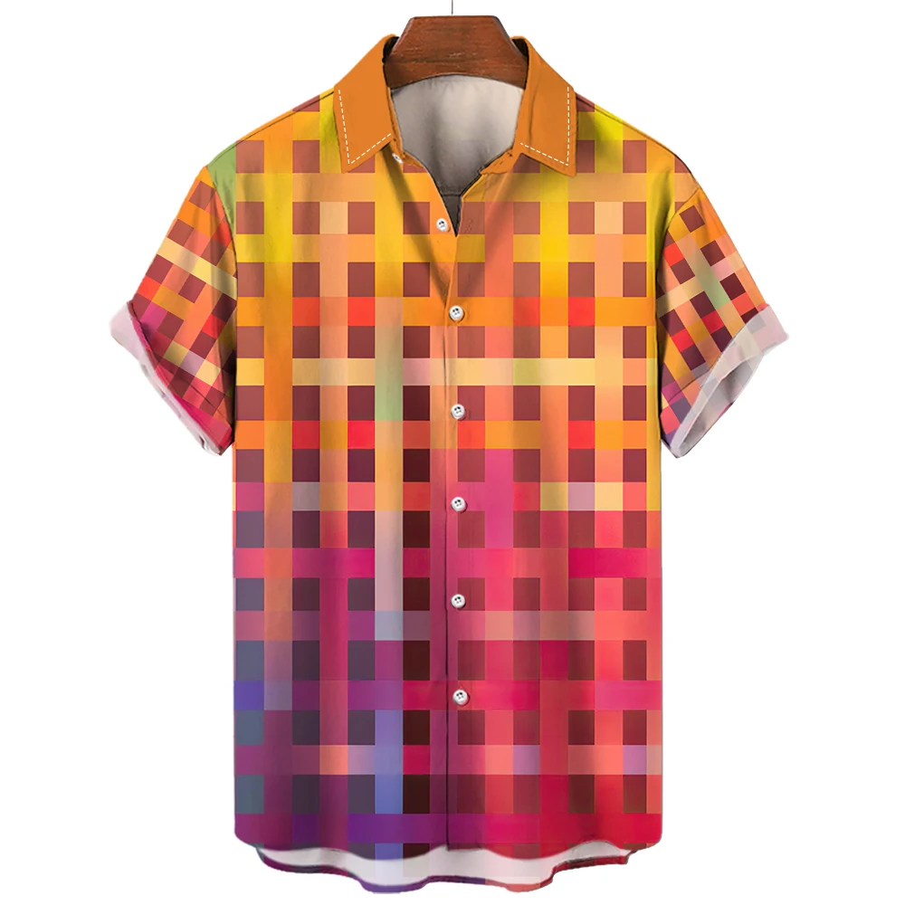 Hawaiian Rainbow Colorful Plaid Shirt For Man Oversized 3d Fashion Causal Short Sleeve Simple Button Beach Clothing Summer