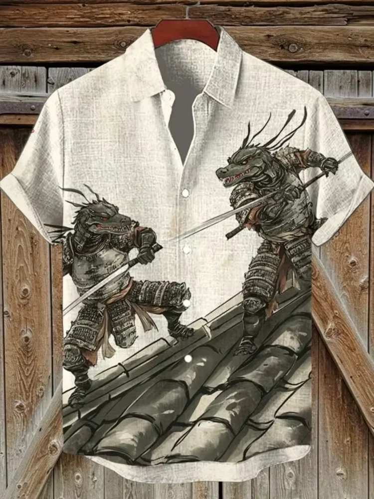 

Men's Blouses Vintage Two Black Animals Samurai Swordsmen Fighting With Swords Art Casual Short Sleeve Shirts 2025 Autumn Tops