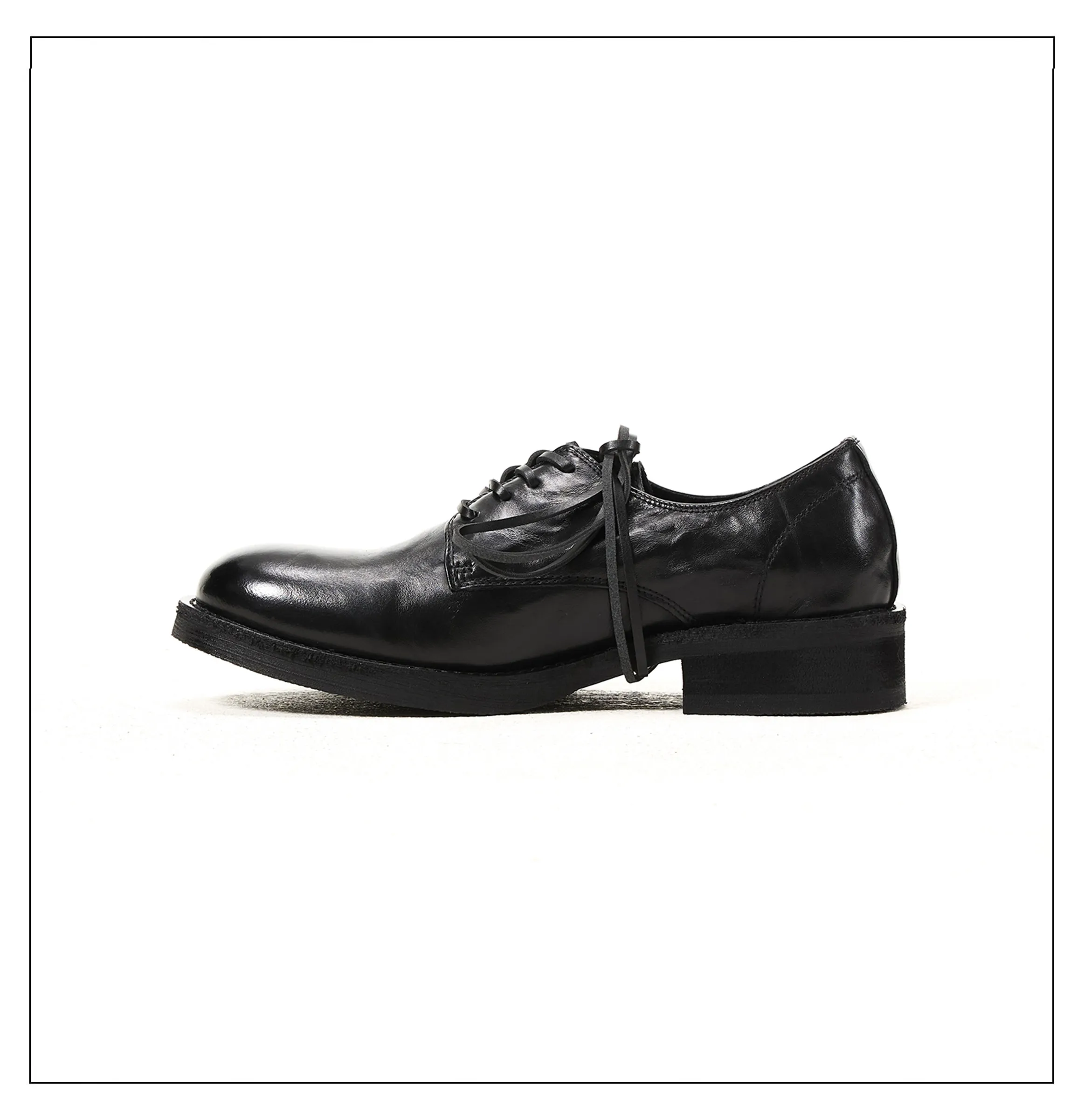 Black whole shoe washed cowhide round toe handmade derby leather shoes men's thick soled casual formal commuting