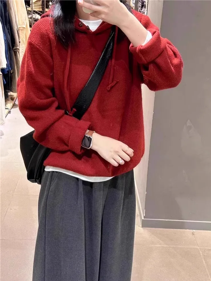 Suéter Rojo con Capucha para Mujer, Estilo Informal para Otoño e Invierno, Prenda Exterior para Combinar con Camiseta Interior de Punto