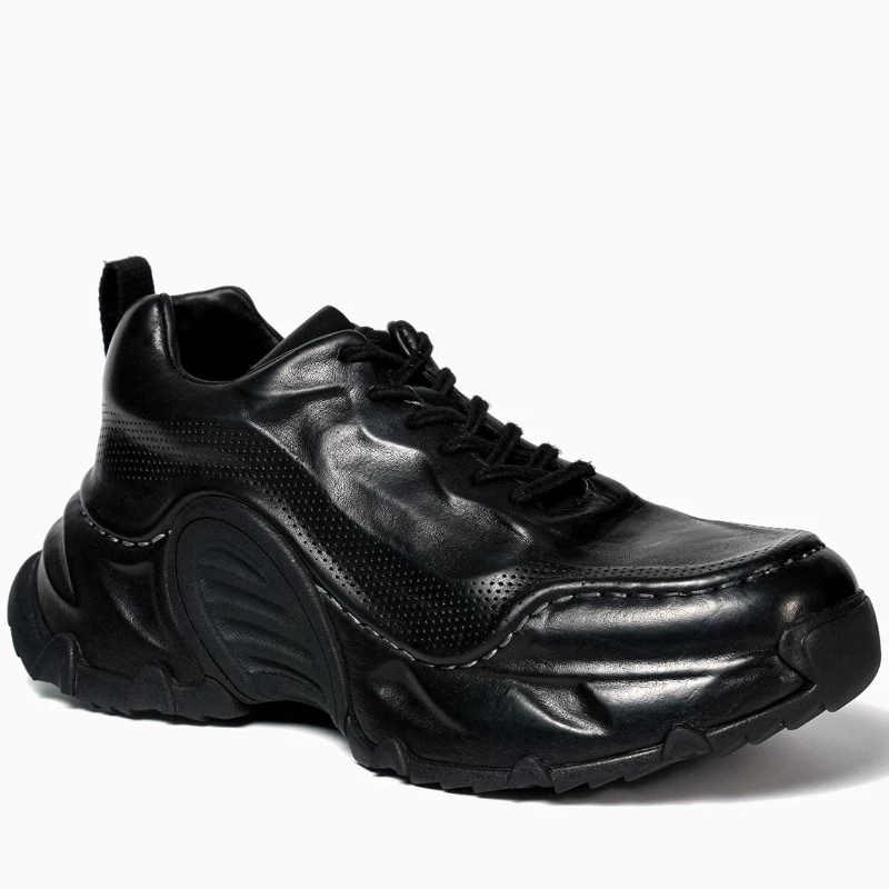 Italian Style Washed Horse Leather Daddy Shoes Men's Handmade Horsehide Retro Black High-end Thick Soled Increased Casual Shoes