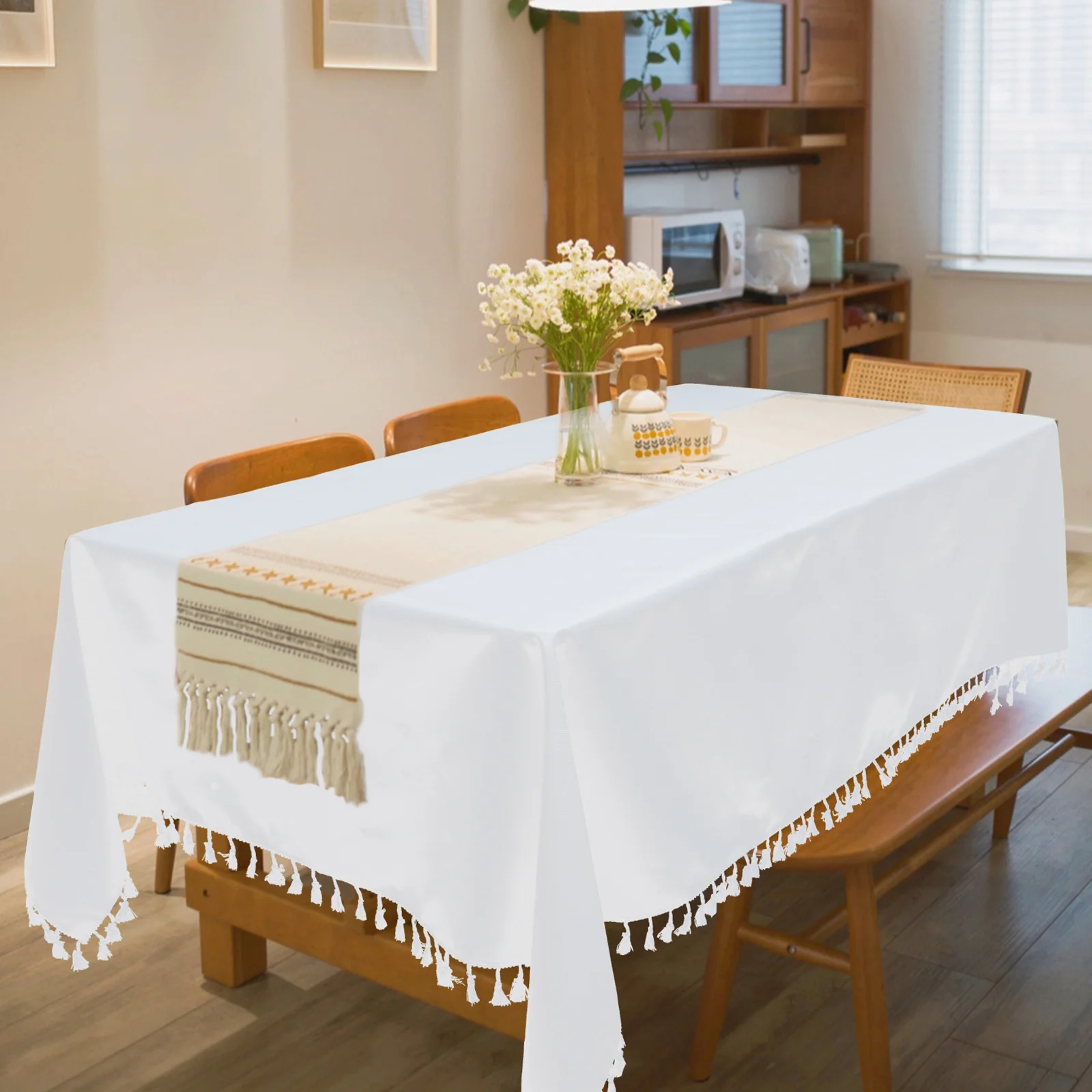 

Waterproof Tablecloth 130x180cm Beige Fringed Cover for Buffet Decorative Table Cloth Camping Theme Party Table Decorations